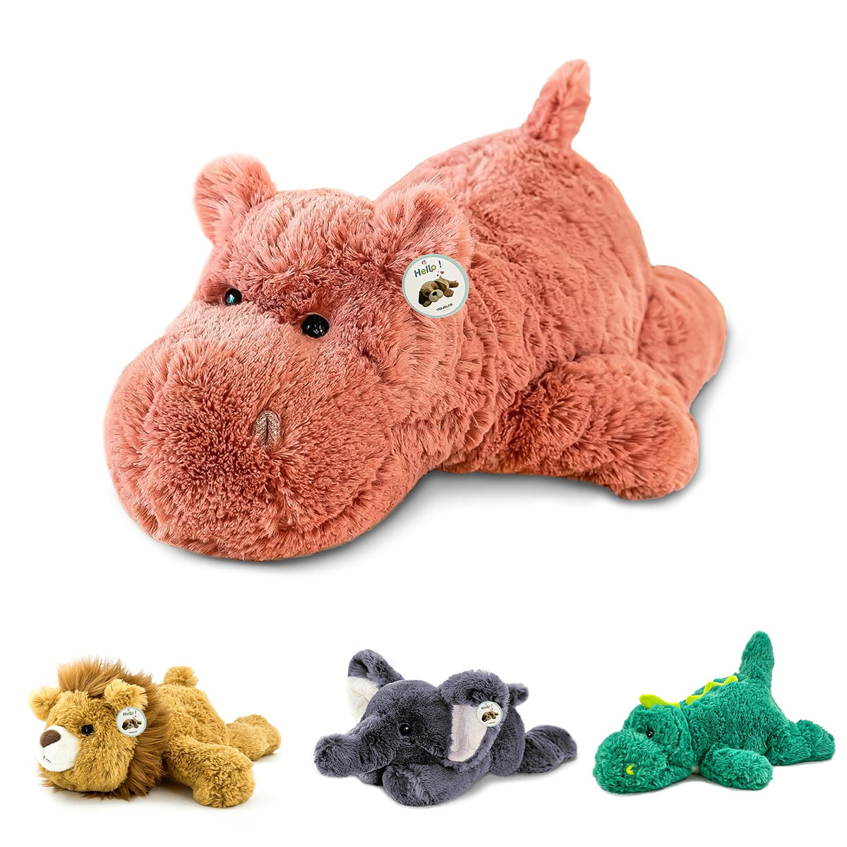 YOUBLEK pink hippo weighted plush 16-inch front view for cozy hugging.