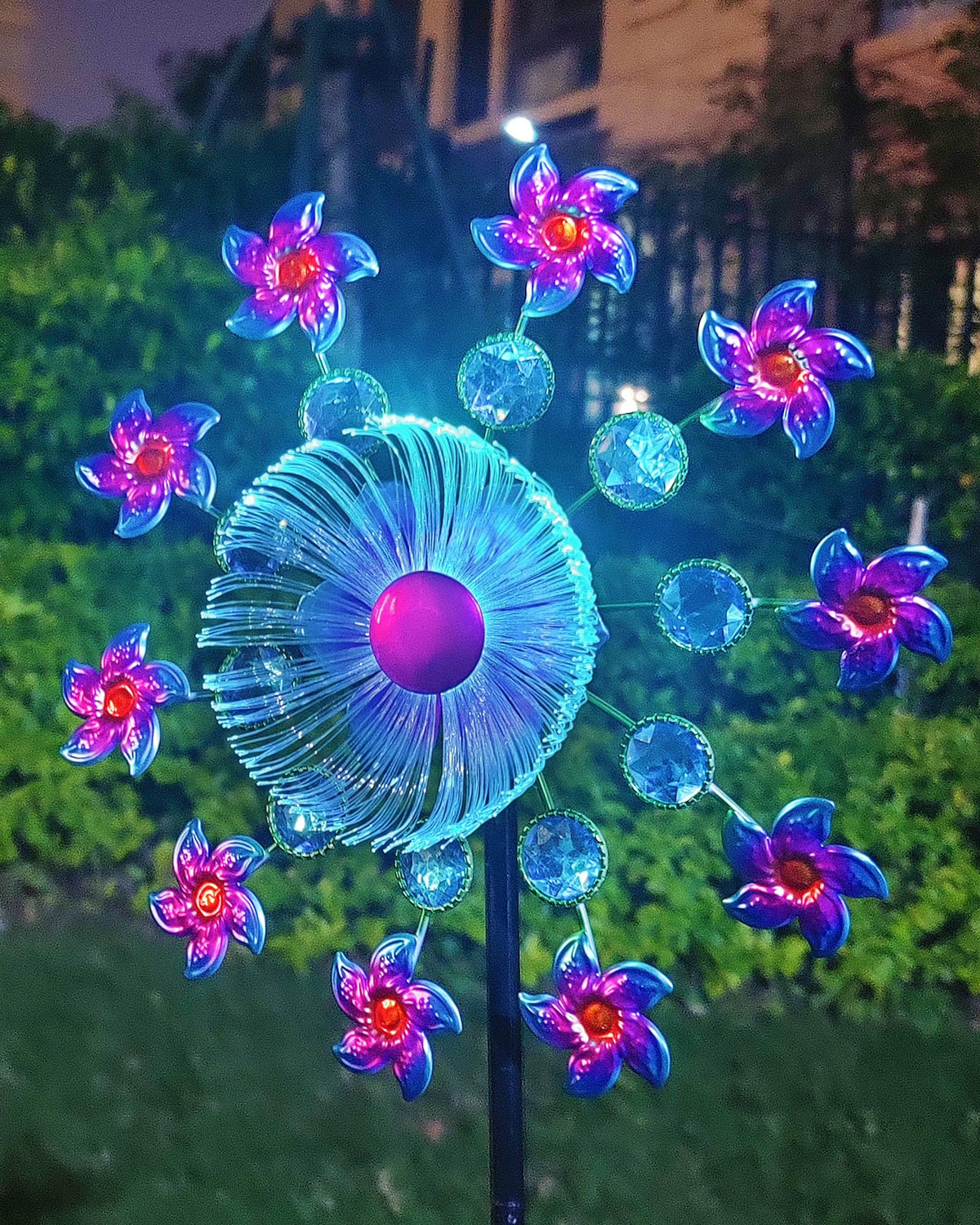 Yourongmao solar flower wind spinner front view highlights durable rust-proof coating for outdoor use.