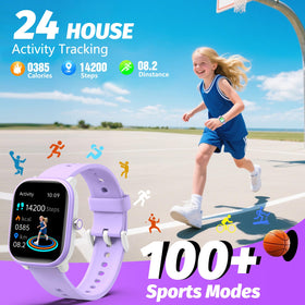 YOUSOKU Kids Watch purple worn on wrist highlighting comfortable strap.