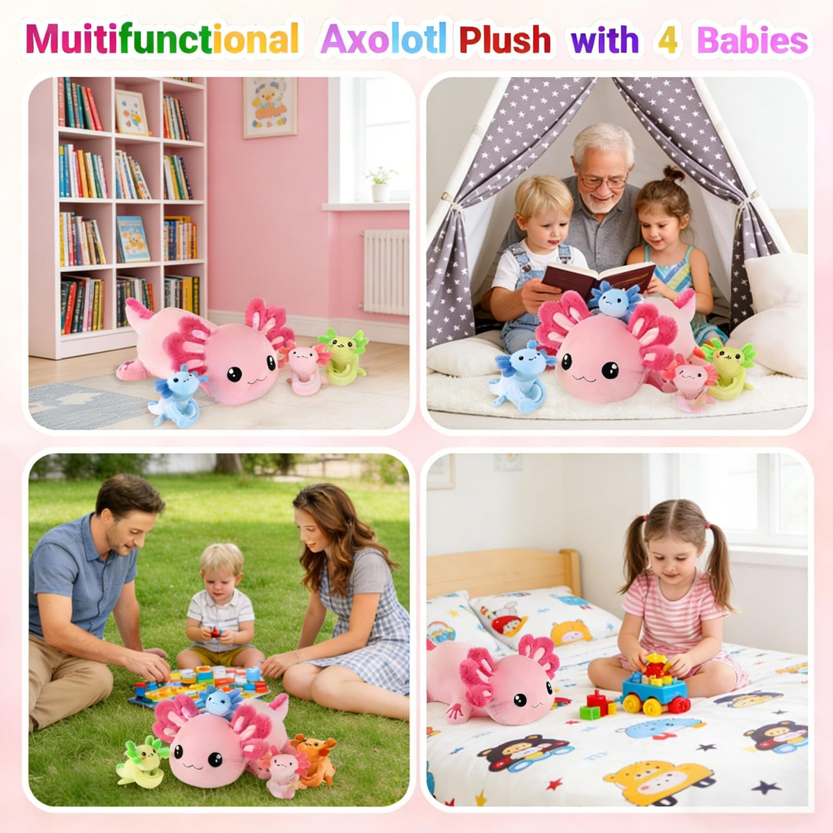 Youthfuljive axolotl plush featuring slap bracelets for interactive fun