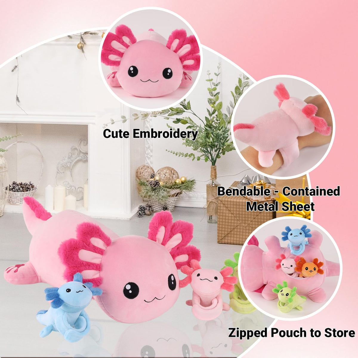Youthfuljive axolotl plush with zipper tummy reveals tiny babies for surprise play