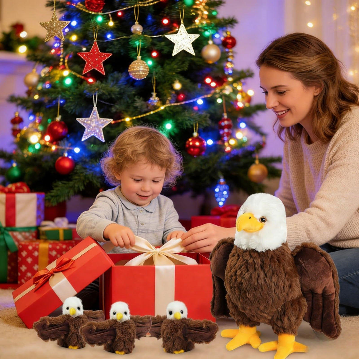 Youthfuljive bald eagle plush set, gift-ready packaging for birthdays and holidays.