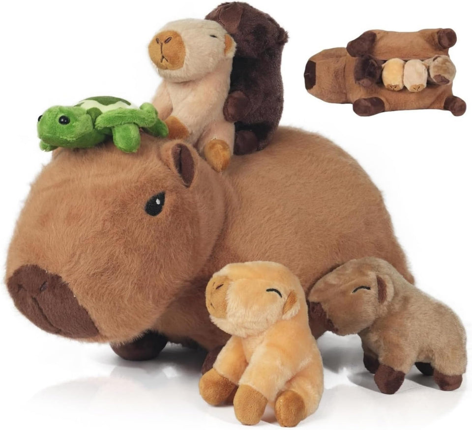 Youthfuljive capybara mommy with babies plush set for cozy family play
