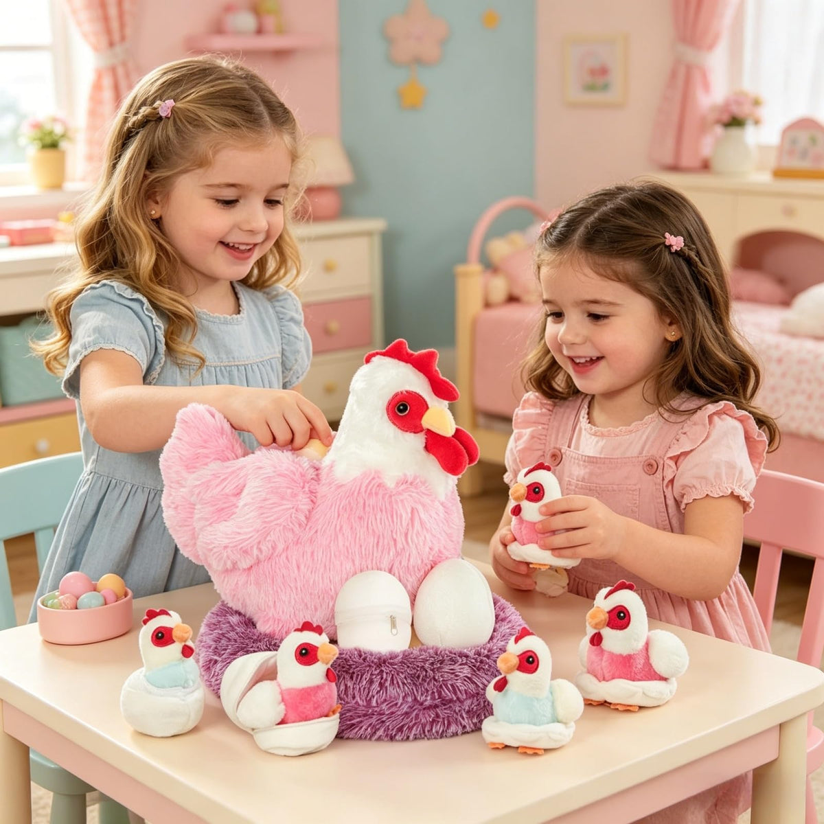 Youthfuljive plush chicken with zippered belly for portable playtime.