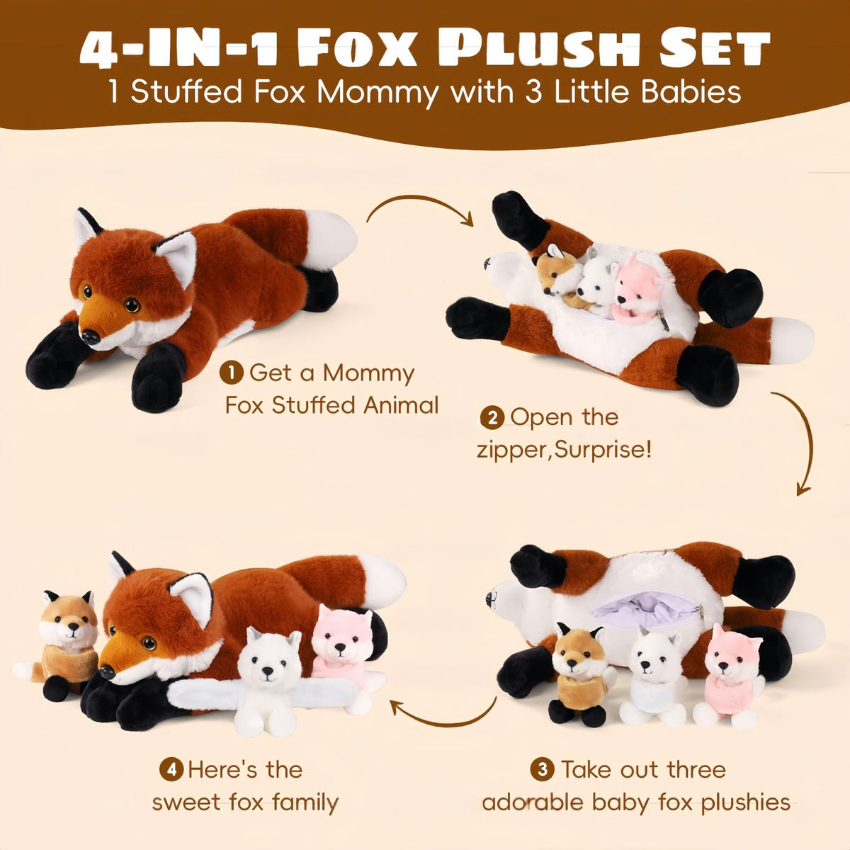 Youthfuljive fox plush set on display for charming shelf decor.