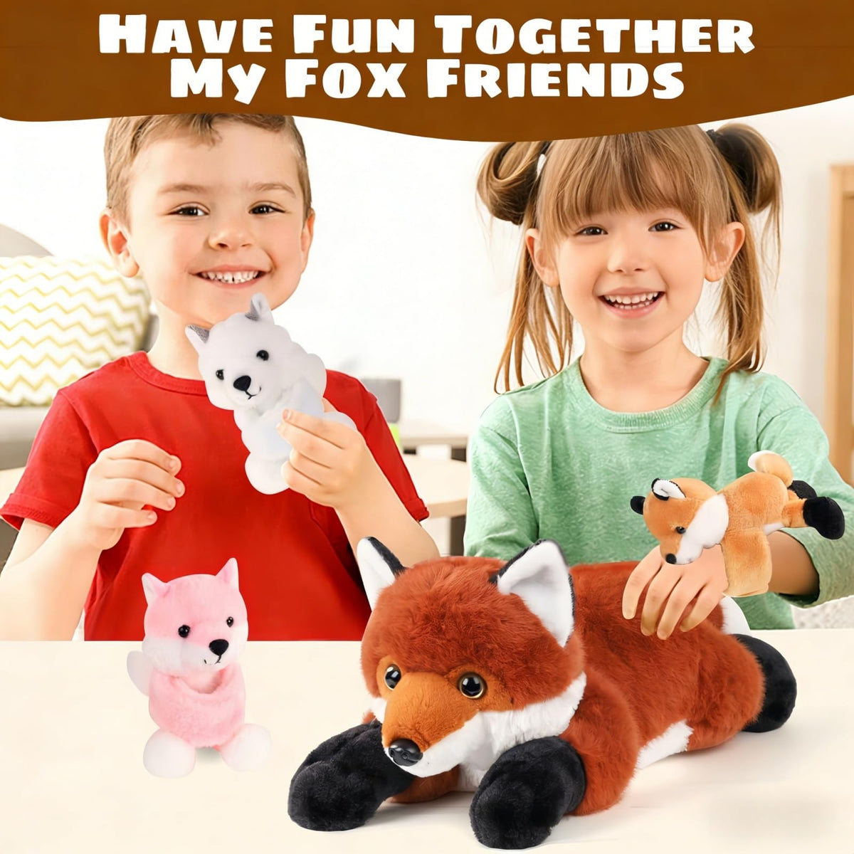 Youthfuljive fox plush with slap-bracelet feature for active play.