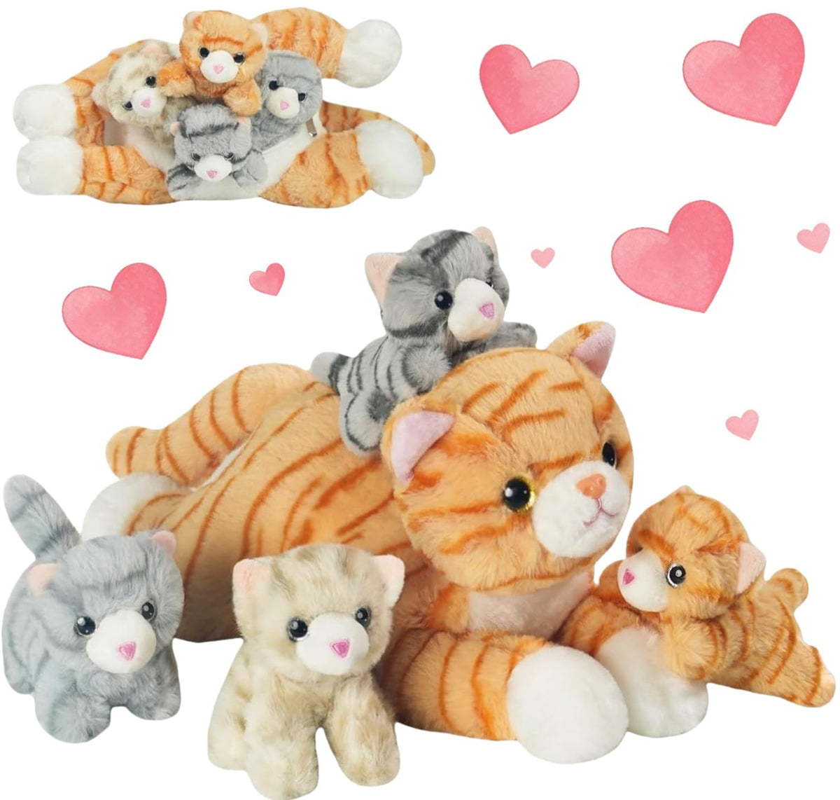 Youthfuljive mommy orange cat plush with four kittens for imaginative play