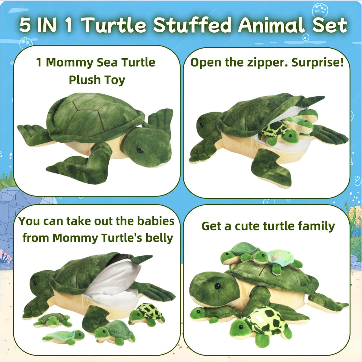 Youthfuljive sea turtle shell zipper surprise plush with hidden babies