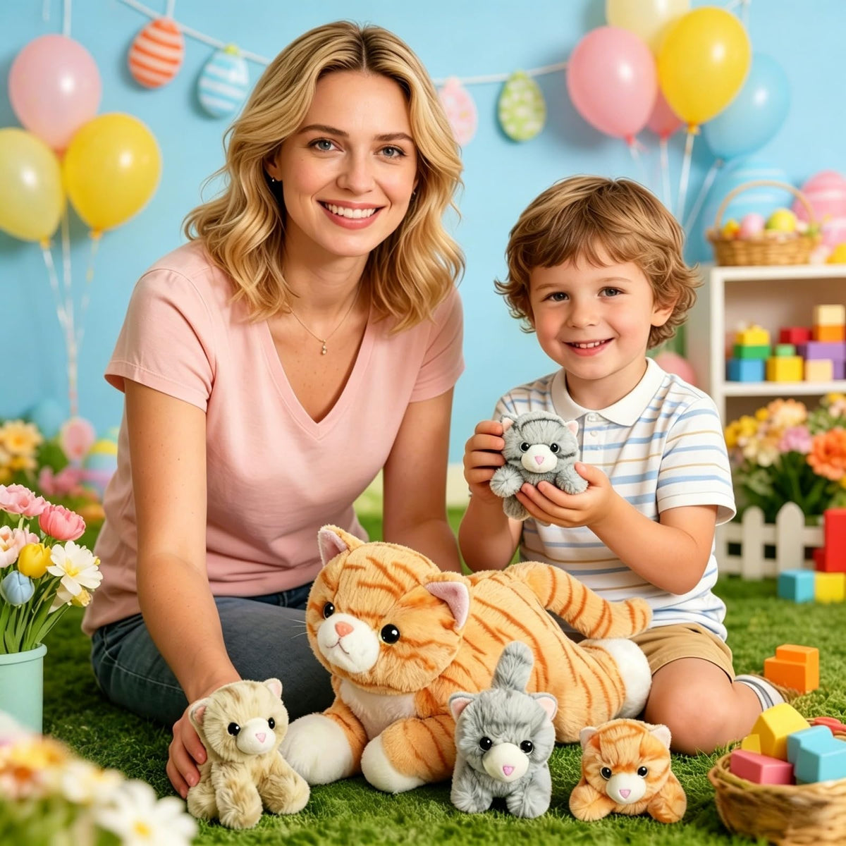 Youthfuljive soft cat plush set with five-inch baby kittens for cuddling