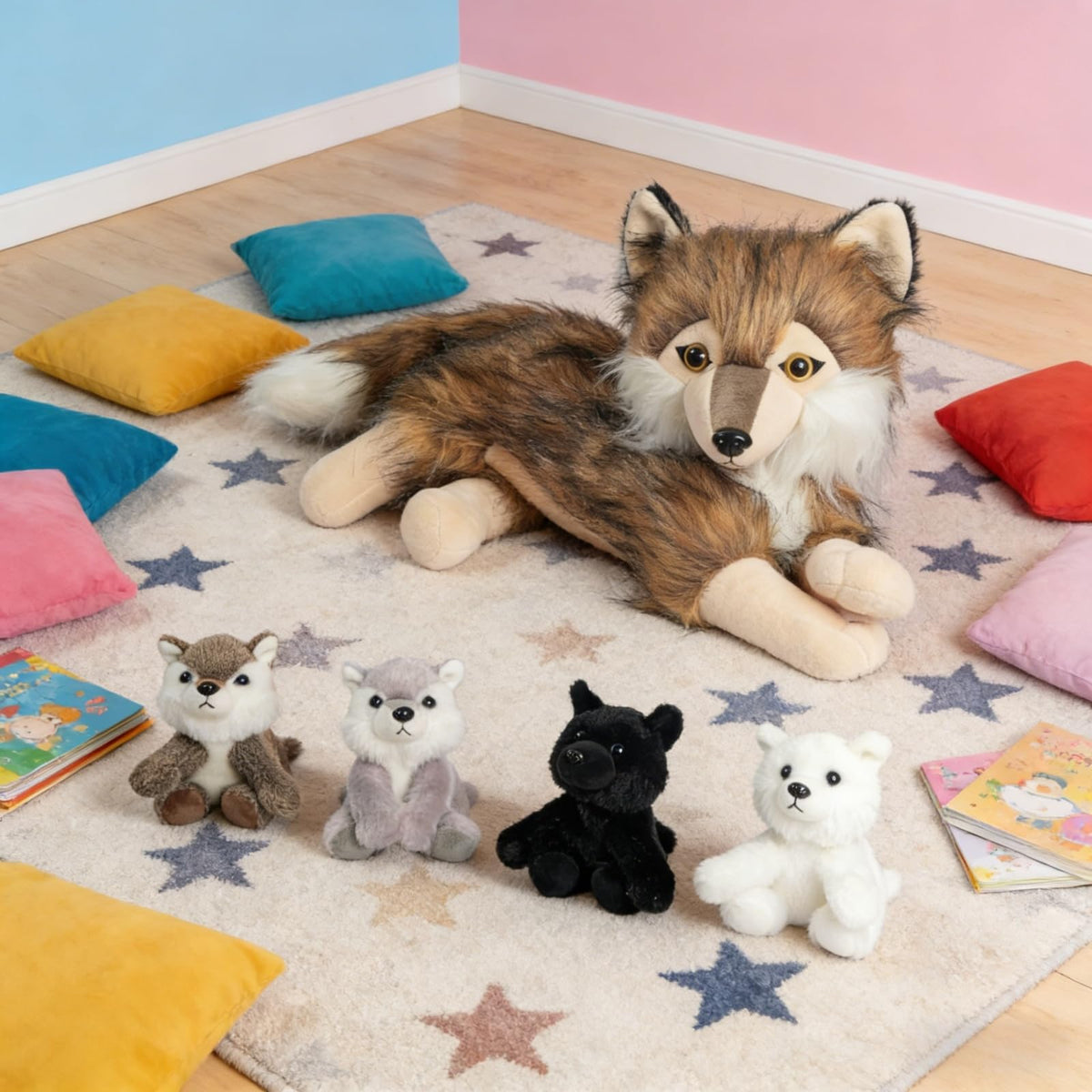 Youthfuljive wolf plush cubs inside belly, playful birth reveal.