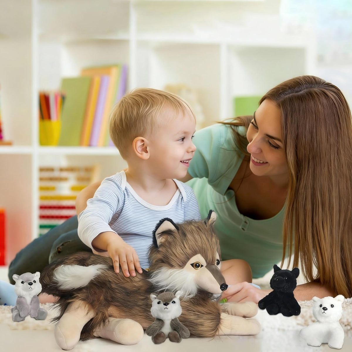 Youthfuljive wolf plush four cubs colors, family-friendly storytelling set.
