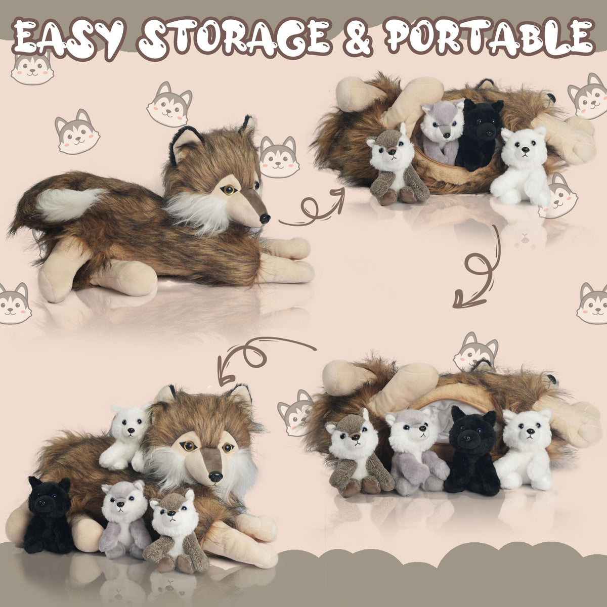 Youthfuljive wolf plush with kids playing, ideal for imaginative play.