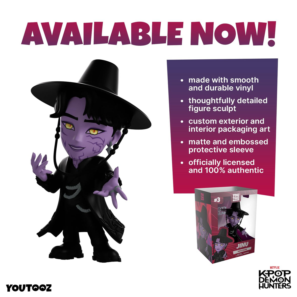 Youtooz Jinu Demon Hunters figure on display-ready packaging and stand