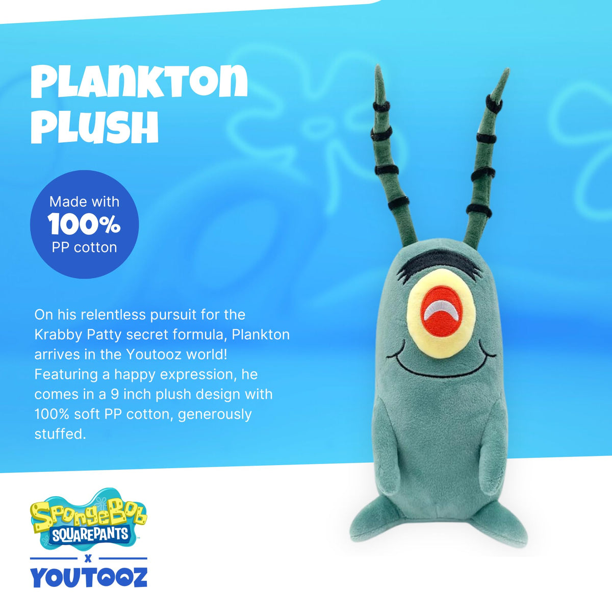 Youtooz Plankton front view plush, official SpongeBob licensed collectible.