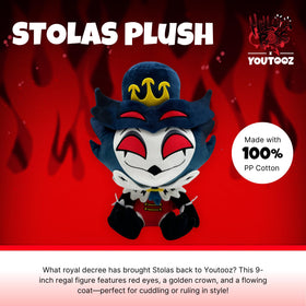 Stolas plush with red eyes, ideal for shelf display and fan collections