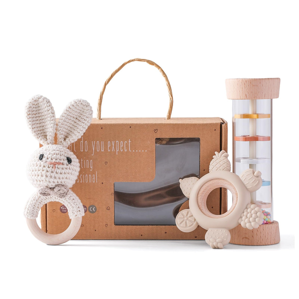 Youuys Bunny crochet baby rattle in hand for early sensory play