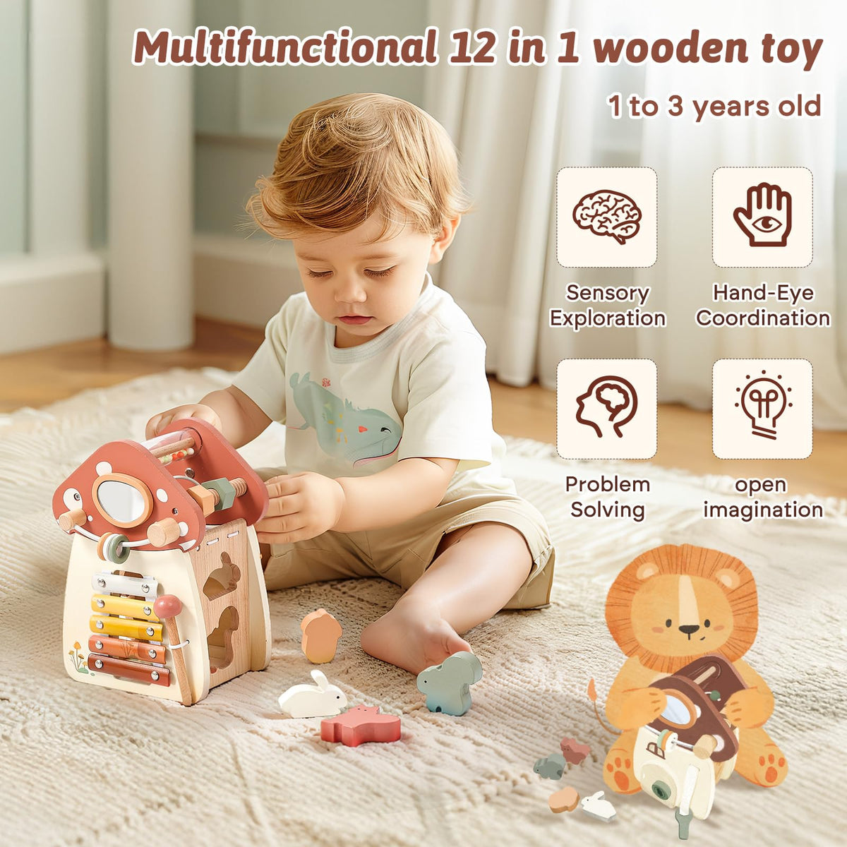 Youuys mushroom activity cube bead work highlights fine motor skills in toddlers.