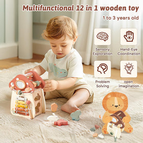 Youuys mushroom activity cube bead work highlights fine motor skills in toddlers.