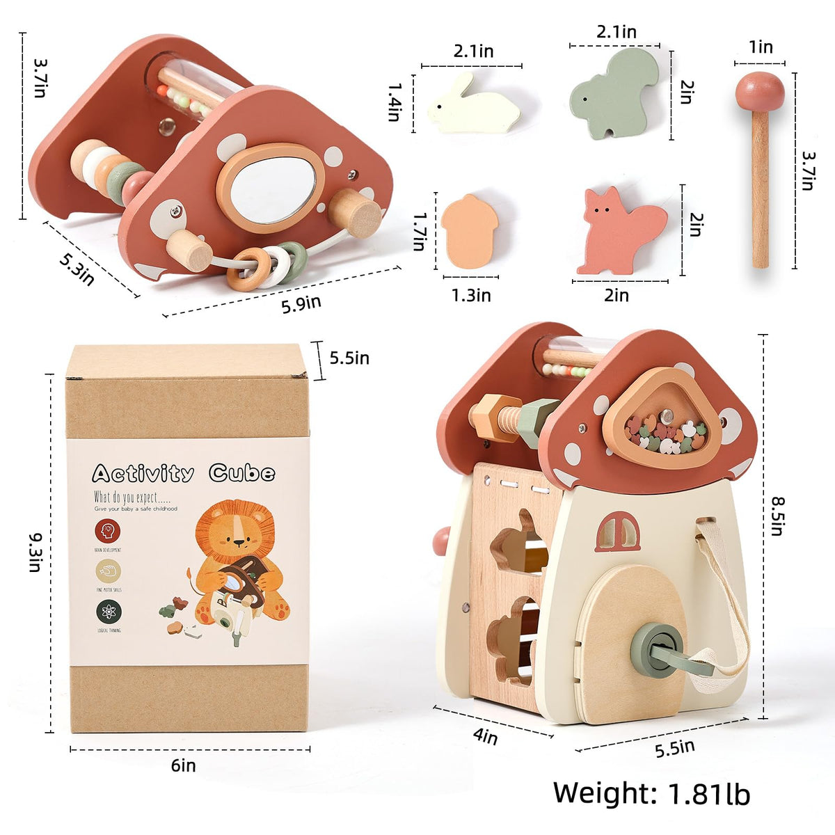Youuys mushroom activity cube wooden packaging display shows durable, safe construction.