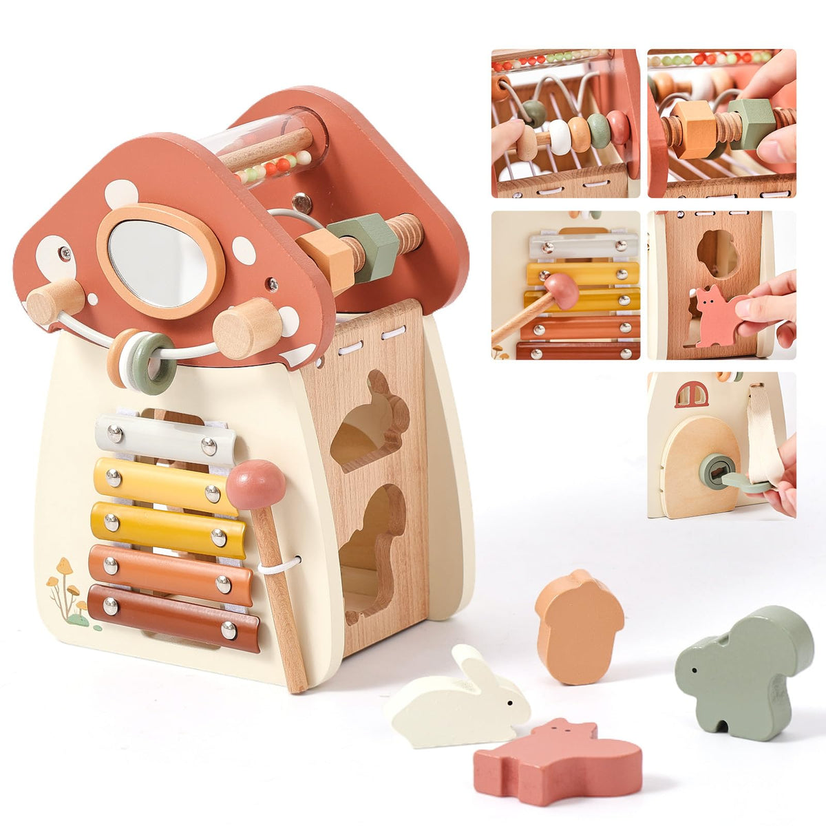 Youuys mushroom activity cube top view promotes exploration and sensory curiosity.