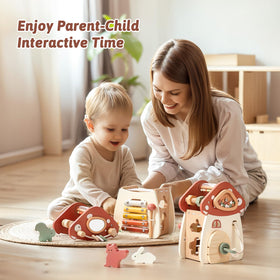 Youuys mushroom activity cube xylophone sounds encourage auditory development and rhythm.