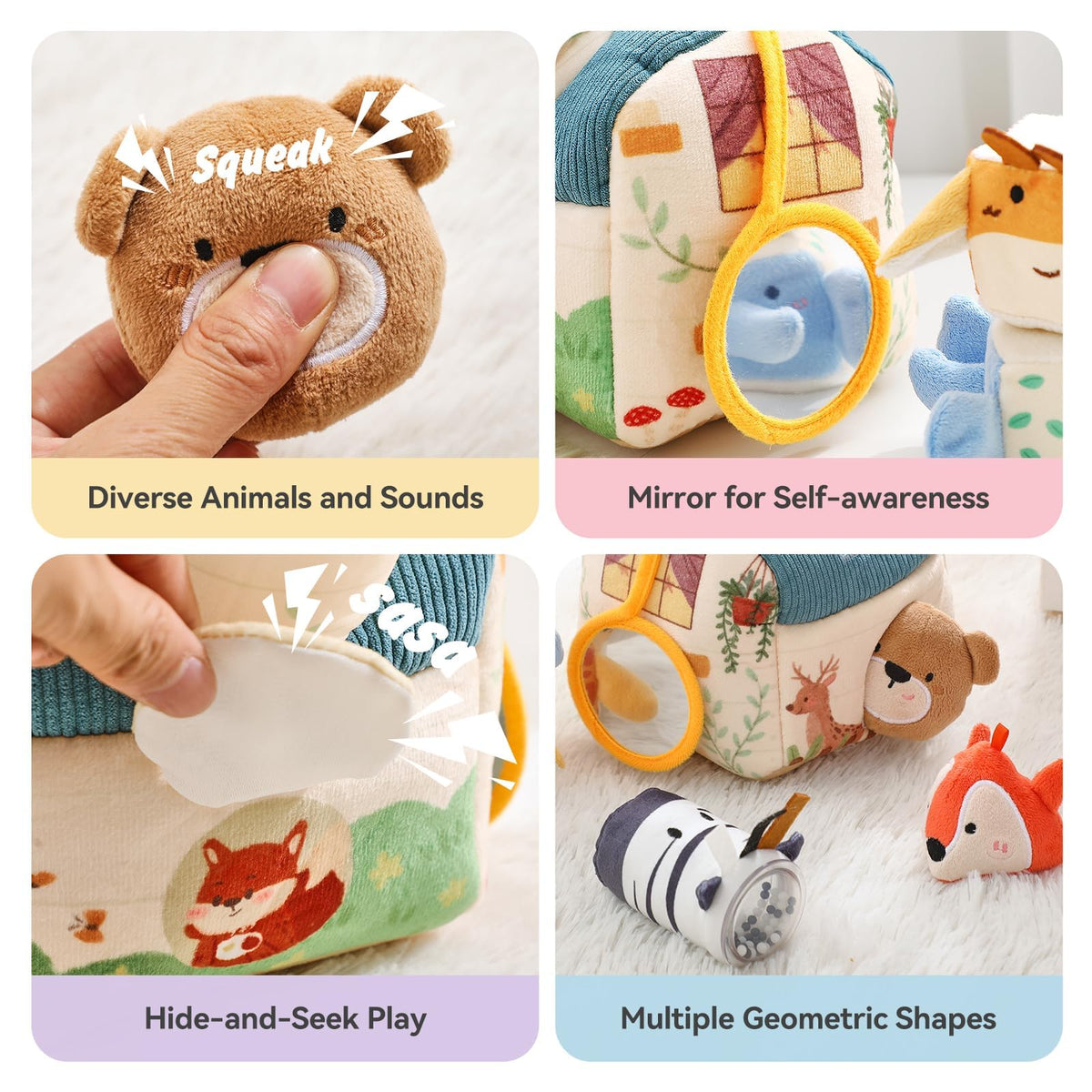 Youuys Travel Sensory Soft Barn Toy features gentle rattle and jingle sounds for auditory awareness.