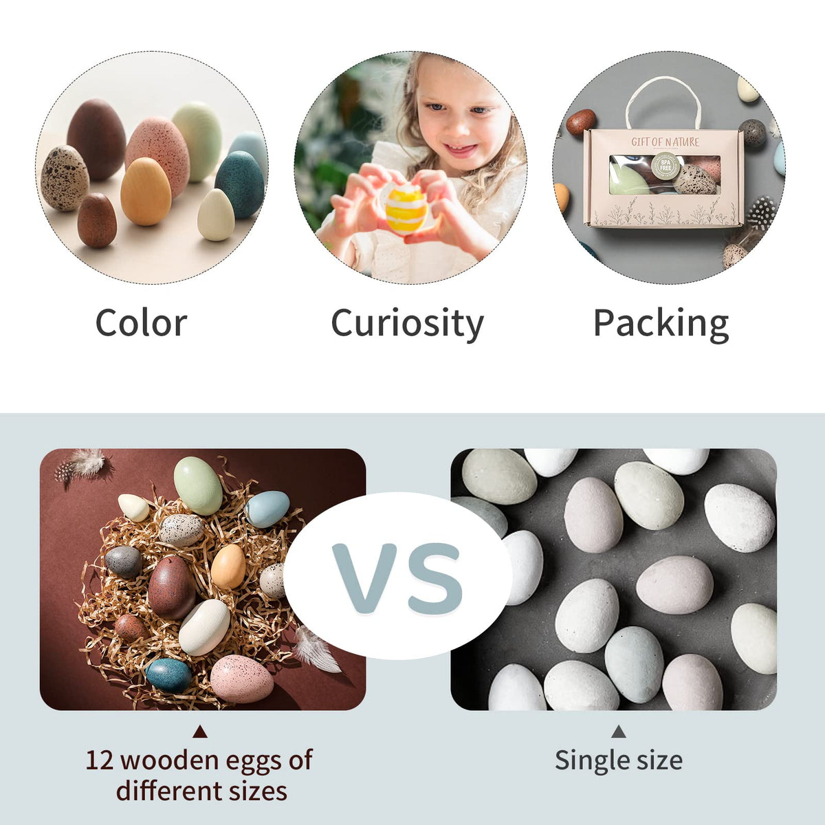 Youuys wooden eggs perfect for color matching and size sorting activities.