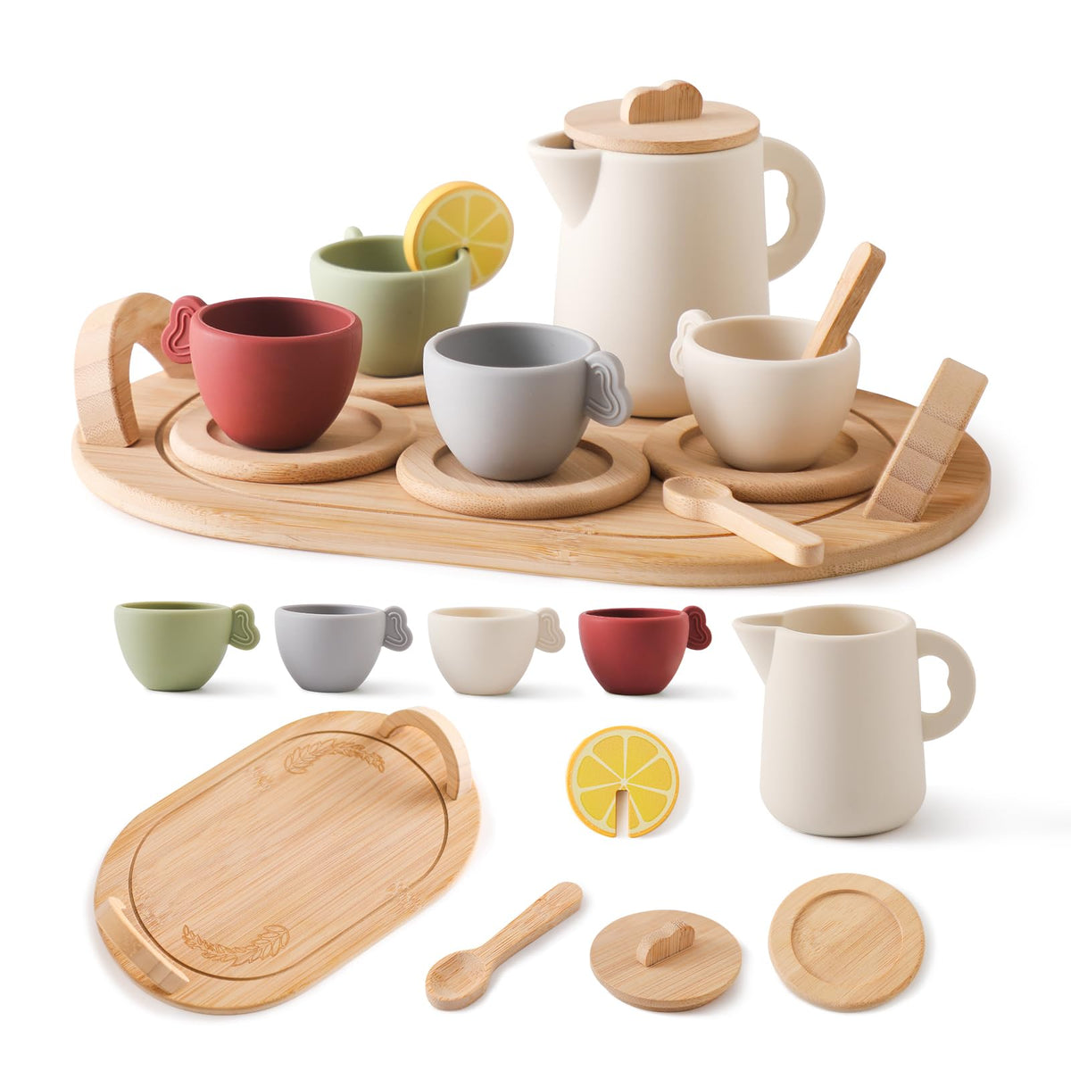 Youuys wooden tea party set tray shown for stable, kid-friendly pretend play moments