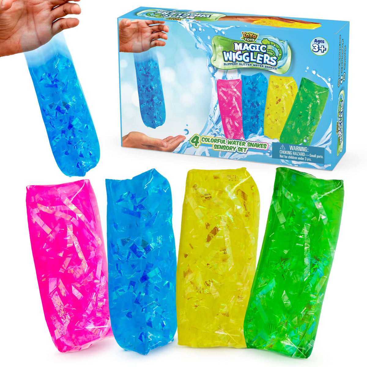 YoYa Toys Magic Wigglers water snake 4-pack in bright colors for sensory play