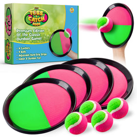 YoYa Toys Toss and Catch paddles laid out for backyard play, building coordination.