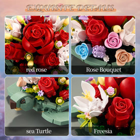 YOYBLOXY sea turtle rose bouquet planter pairs with LEGO bricks for customization.