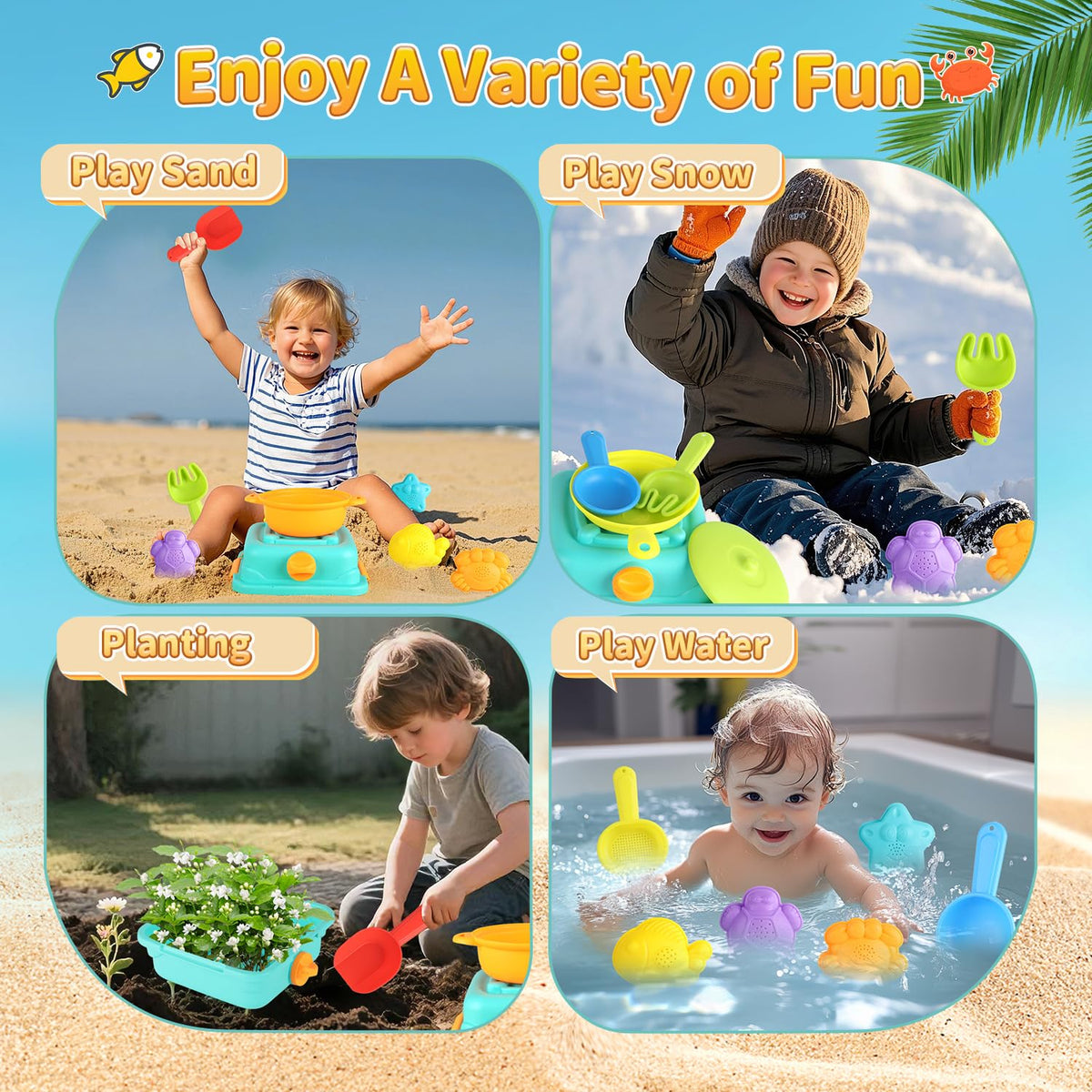 Yrkidstoi cooking pot and pan for imaginative seaside meals.