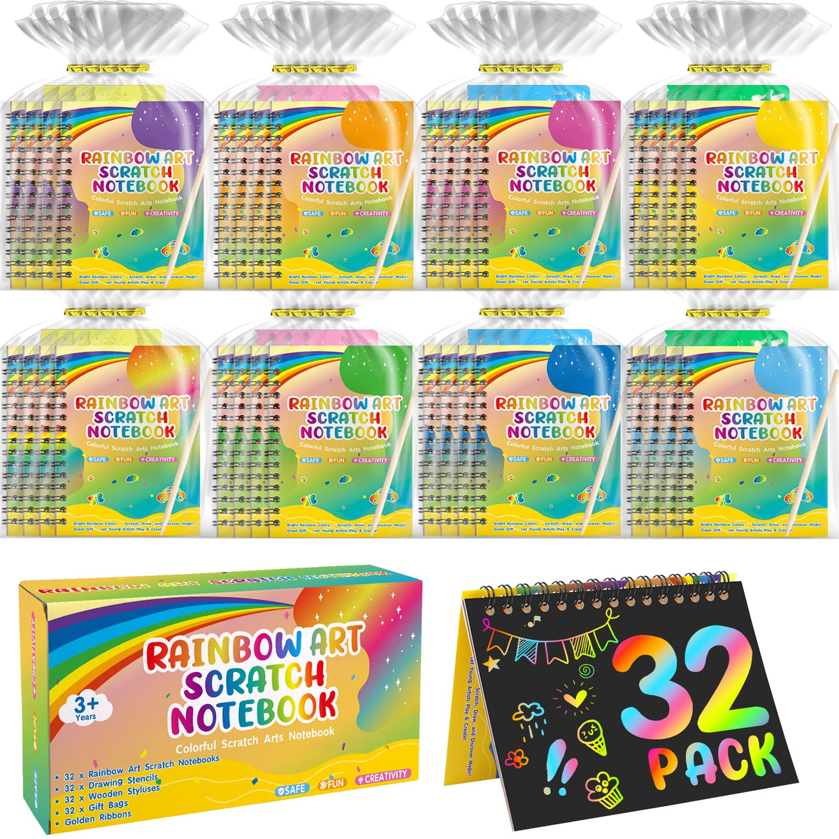 YSCare scratch arts notebooks reveal vivid rainbow colors for mess-free creativity.
