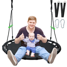 YSEJOMP black round saucer swing with handles – front view for family backyard fun
