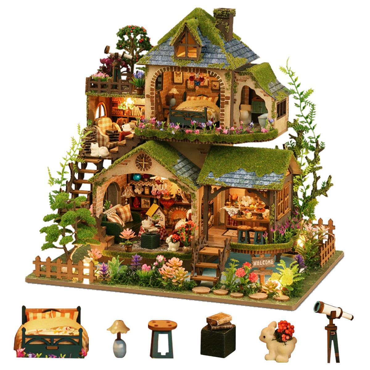 YSWOOD WORLD DIY miniature house kit front view for cozy shelf display