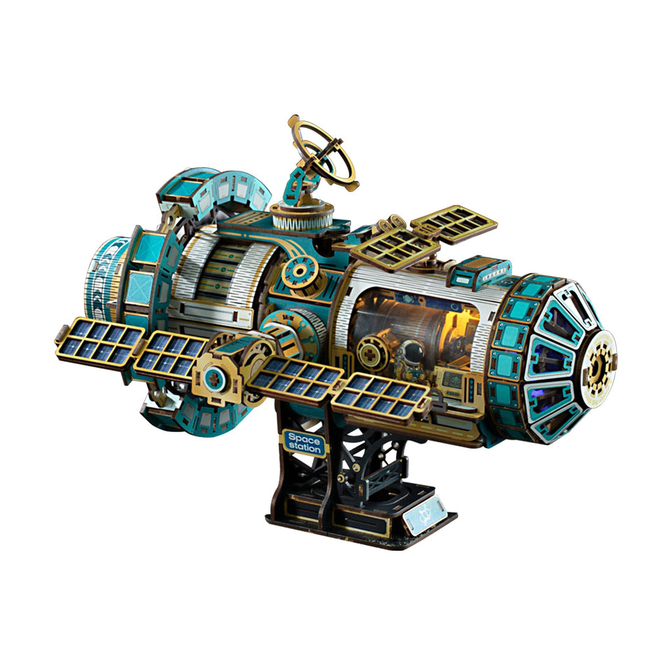 YSWOOD WORLD space station 3D puzzle front view with solar panels and thrusters for a striking desk display