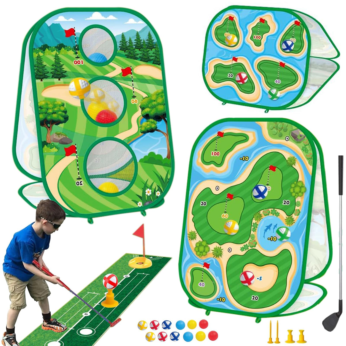 YSZZYSM 4-in-1 kids golf set with retractable club for versatile home practice.