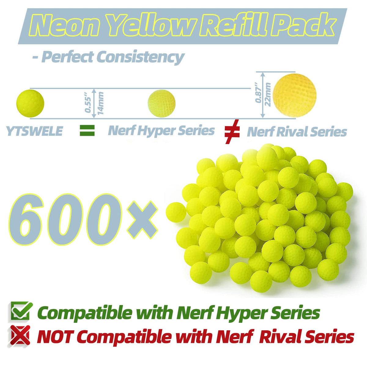 YTSWELE Nerf Hyper series ball darts closeup, durable neon rounds designed for reliable feeding.