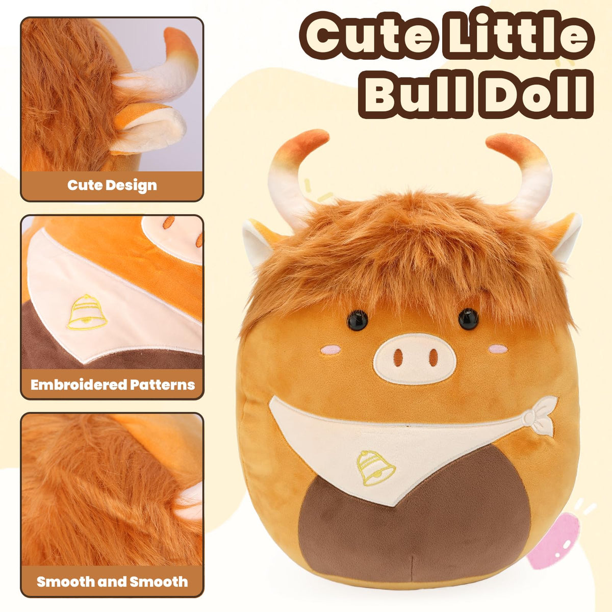 Yytoyshop Highland Cows plush pillow on a bed for bedtime comfort and charm.