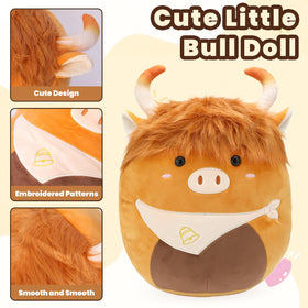 Yytoyshop Highland Cows plush pillow on a bed for bedtime comfort and charm.