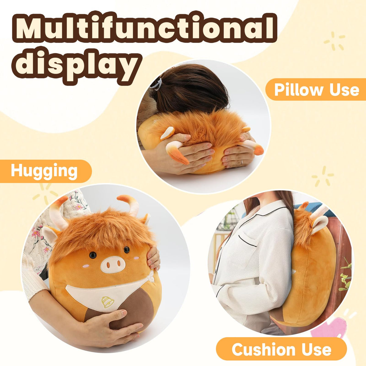 Yytoyshop Highland Cows plush pillow being hugged for comforting companionship.