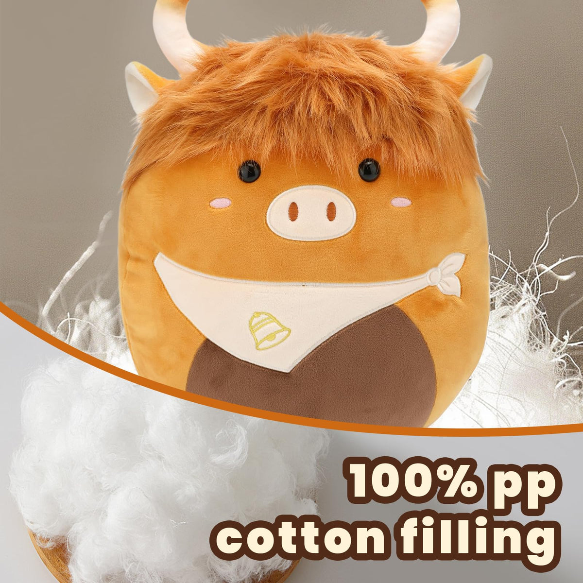 Yytoyshop Highland Cows plush pillow on a desk in a stylish home office setup.