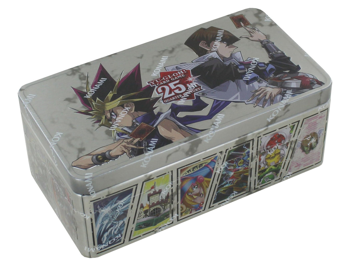 Yu-Gi-Oh! 25th Anniversary Tin front view with mirrored Yugi and Kaiba, ideal for display.