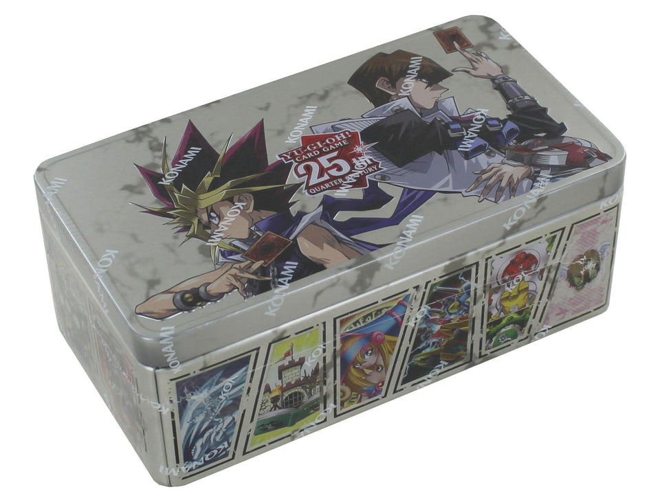 Yu-Gi-Oh! 25th Anniversary Tin front view with mirrored Yugi and Kaiba, ideal for display.