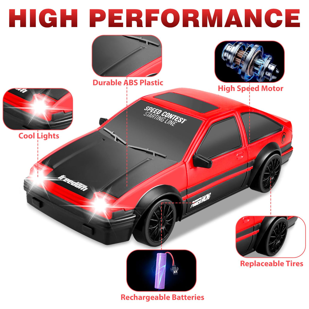 YUAN PLAN RC drift car side profile highlights compact 1:24 scale for indoor racing.