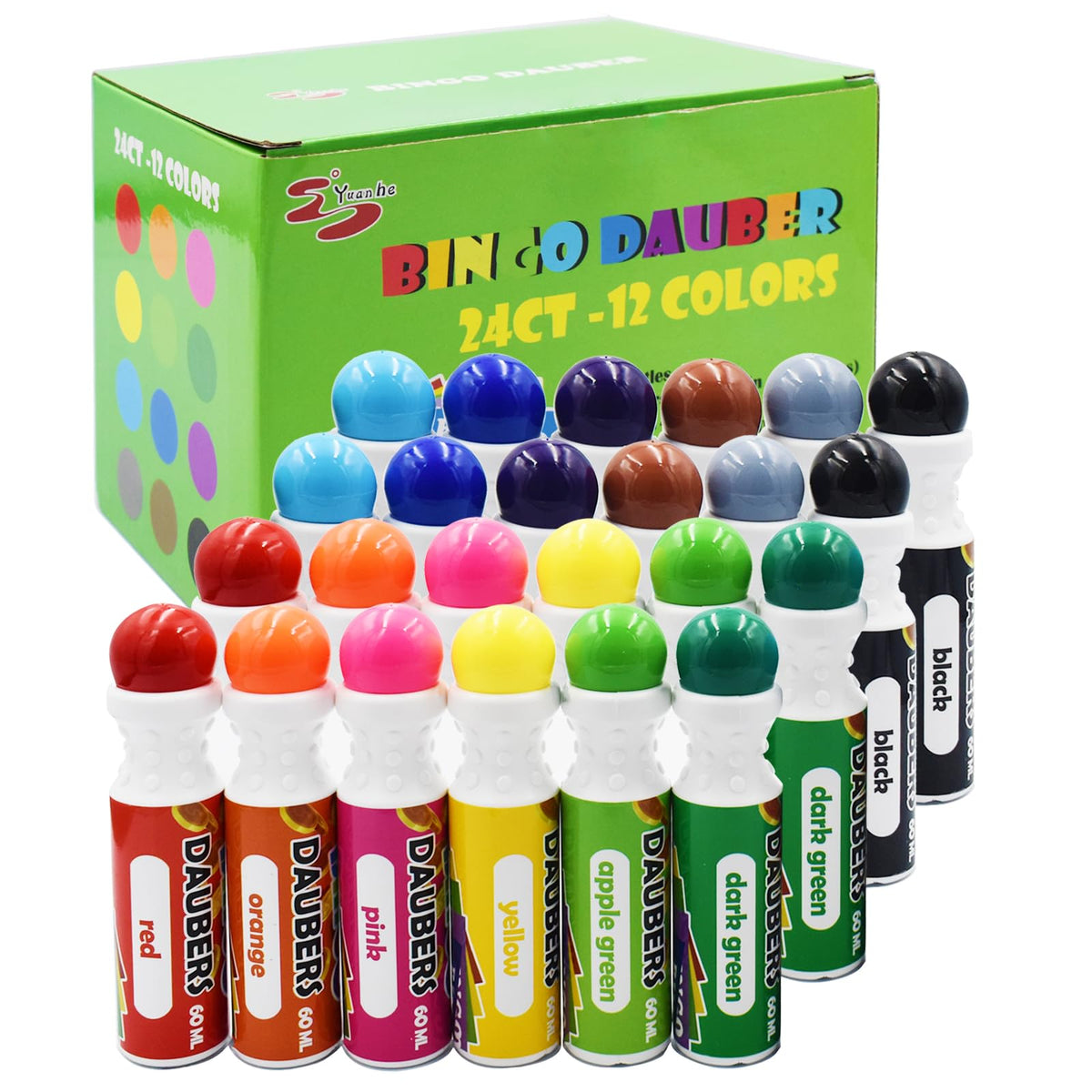 Yuanhe Bingo Daubers mixed colors 24-pack for quick, clean bingo play and craft projects.