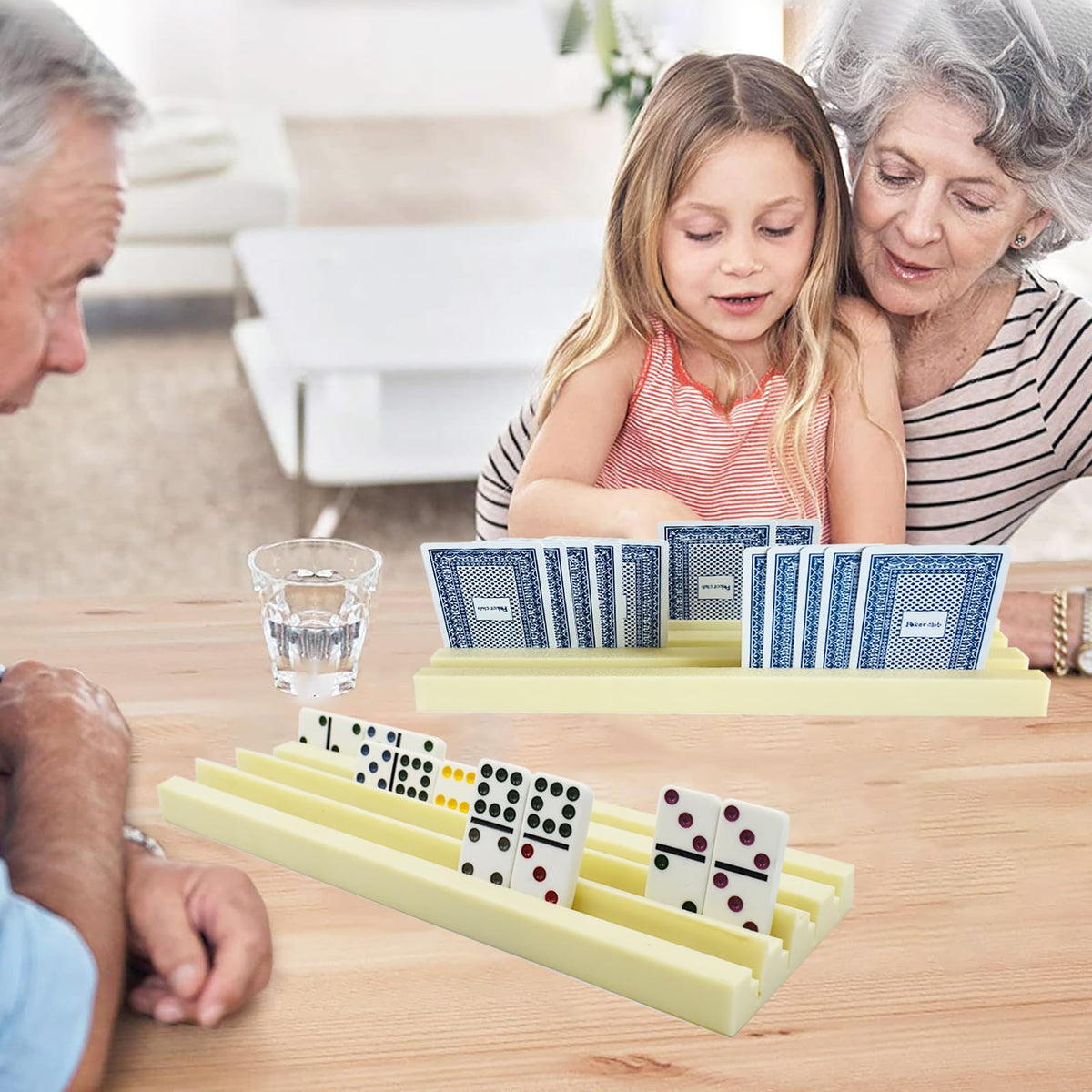 Yuanhe domino trays showing angled-slots design for upright display