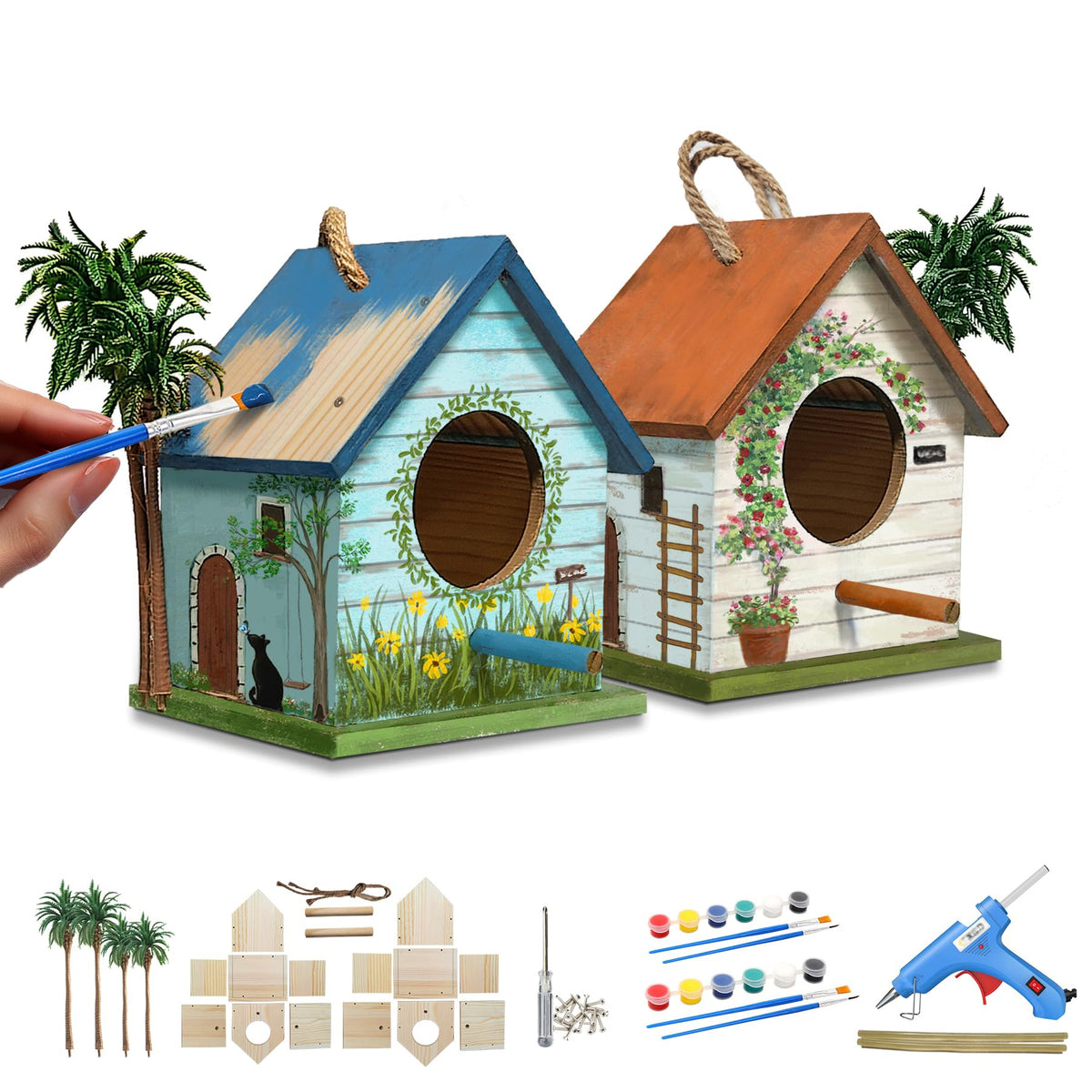 YUEYARIT Birdhouse Kit parts laid out for simple assembly and creative painting.