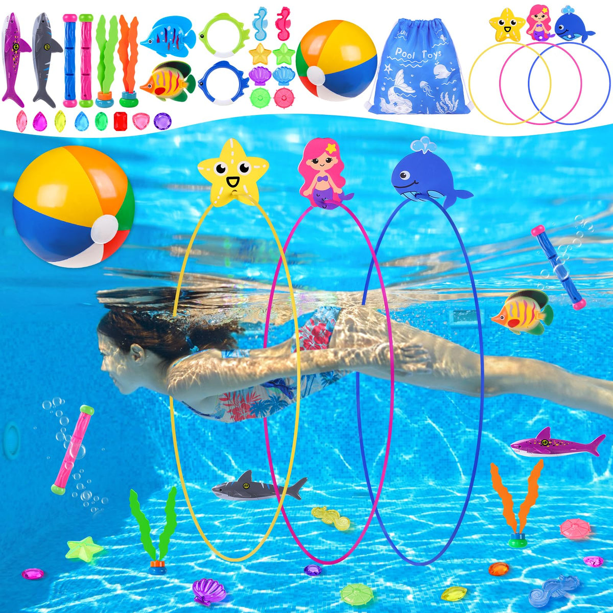 YUJUN 31 piece pool diving toys set with large rings for family fun