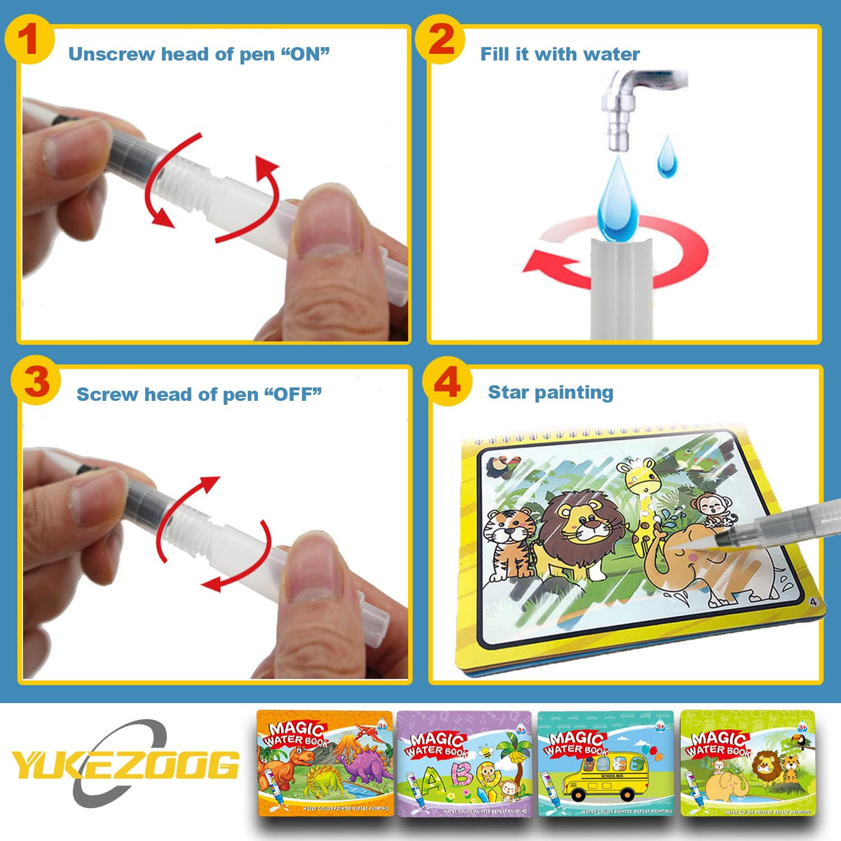 YUKEZOOG transportation theme reveals hidden colors via water drawing